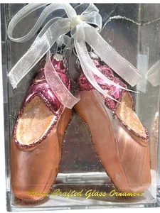 Pointe Shoes Christmas Ornament Blown Glass Pink Ballet Slippers with Ribbons - Picture 1 of 13