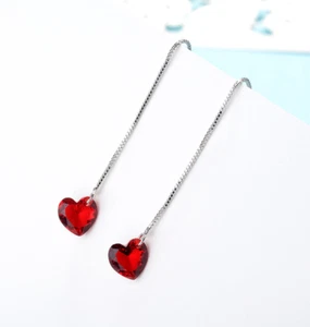 925 Sterling Silver Plated Heart Red CZ Threader Dangle Drop Chain Earrings TH2 - Picture 1 of 3