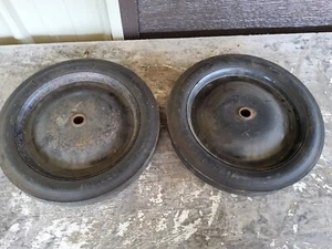 2 VINTAGE BLACK METAL WAGON CART WHEELS 12" FIRESTONE HARD RUBBER - Picture 1 of 10