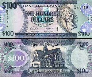 Banknote - 2022 Guyana, 100 Dollars, P36 UNC, Map (F) St. Georges Cathedral (R) - Foto 1 di 1