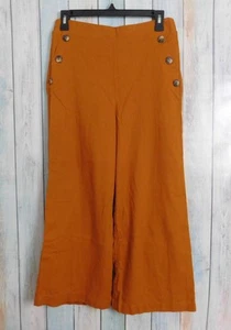 Women Cropped Pants Medium Brown Linen Blend Pull On Wide Leg - Foto 1 di 8