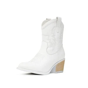 Cowboy Boots for Women Ankle Cowgirl Booties Wide Mid Calf Pointed Toe 8 White - Picture 1 of 7