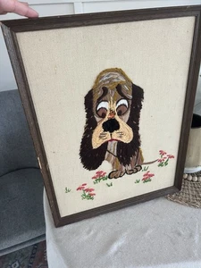 Vintage Crewel Needlework 1960s Droopy Dog Funny Bee Tapestry Needlepoint Framed - Picture 1 of 12