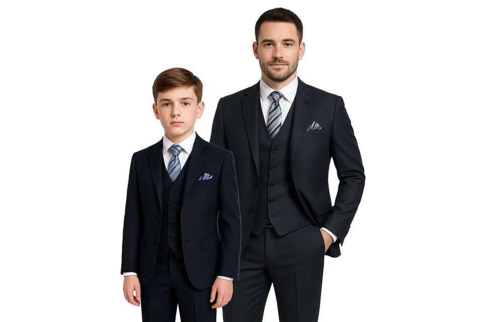 Mens Boys Texture Matching Suit Navy Mitzvah Tailored Fit Father Son 3 Piece Set - Image 1 of 1