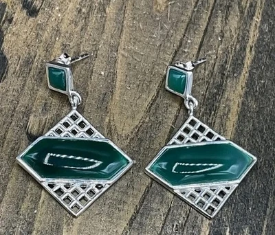 Novo! Belos brincos pendurados/gotas de ágata verde Barse, tom prata, estado perfeito! - Imagem 1 de 2