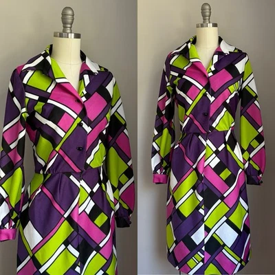 Vintage 1960’s Mod Op Art Print Dagger Collar Leslie Fay Dress Size Small - Image 1 of 4