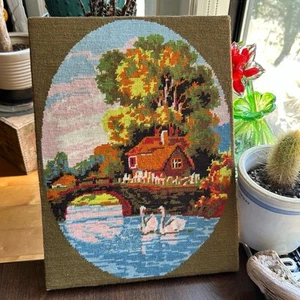 Vintage completed needlepoint 1970s country scene house bridge trees swans pond - Picture 1 of 7