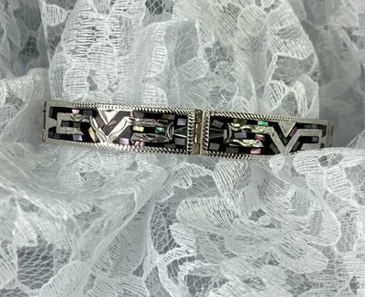 Sterling Silver and Abalone Shell Bracelet ~ Length 7.25"  Width 3/8" - Image 1 of 4