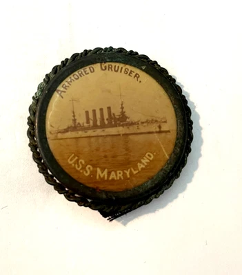 古董 1908 - 1915 年 USS MARYLAND 装甲巡洋舰枪手徽章赛璐珞别针徽章 — 第 1/4 张图片