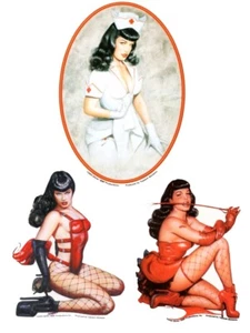 Set of BETTIE PAGE Stickers NAUGHTY Nurse FISHNET Pin Up Girls ART Decals - Picture 1 of 1