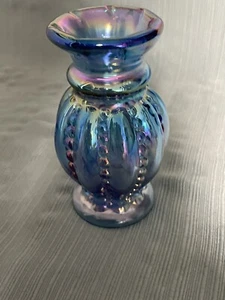 Fenton Blue Iridescent Beaded Melon Vase - Picture 1 of 8