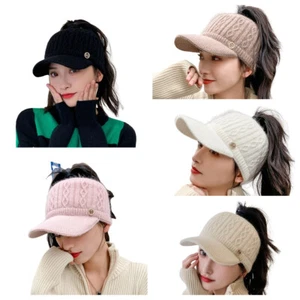 Gorro de punto para mujer gorra alta cola de caballo invierno cálido visera ala ganchillo sombreros - Imagen 1 de 17