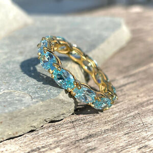 2Ct Oval Cut Lab-Created Aquamarine Wedding Band Ring in 14K Yellow Gold Plated