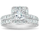 2 1/2 Ct Halo Princess Cut Diamond Engagement Wedding Ring Set 14k White Gold