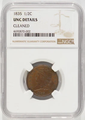 1835 Classic Head Half Cent 1/2c NGC UNC Details Cleaned 4690870-002 - Image 1 of 4