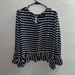Ana A New Approach Blouse Womens Large Blue White Stripe Ruffle Sleeve Chiffon - Picture 1 of 11