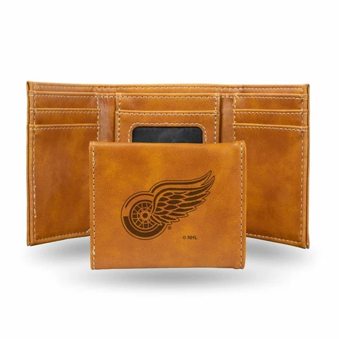 Detroit Red Wings NHL Laser Engraved Brown Trifold Wallet Cover