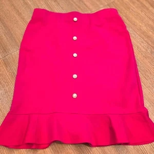 Messini Stretch Fuchsia knielanger Rock Perlen/Goldknöpfe Volant Pull On L - Bild 1 von 9