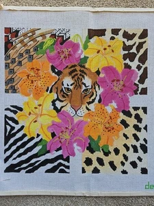 DEDE Handpainted Needlepoint Canvas Large - Tiger Flower 13 Mesh - Picture 1 of 7