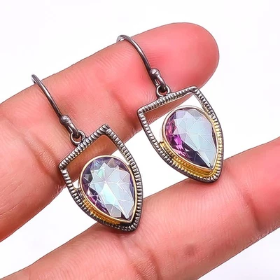 Brinco de prata esterlina 925 designer topázio Black Rainbow Mystic Fire 1,56" E2364 - Imagem 1 de 4