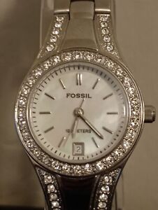 Fossil Watch Women Silver Tone Date Pave Bezel Band Bling MOP Dial SMALL New Bat