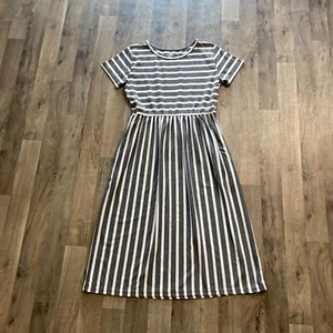 Vestido de Bolsillo Verde Azulado Cosquillas Gris Blanco Rayas Midi Manga Corta Talla Pequeña - Imagen 1 de 6