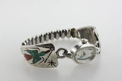 Bulova Sterling Silver 925 Navajo Peyote Bird & Tent Mural Band Watch 5.5" - Image 1 of 4