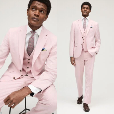 Business Pink Men Suits Regular Fit Single Breasted Jackets Vest Pants Formal - Image 1 of 4