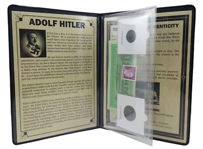 WWII Nazi Germany Historical Album – 2 Coins, Hitler Stamp & Wehrmacht Note - Image 1 of 4