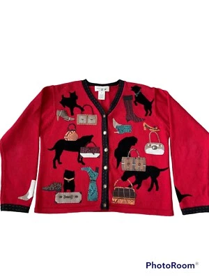 复古 SUSAN BRISTOL 贴花狗钱包靴红色和黑色开衫毛衣! M — 第 1/4 张图片