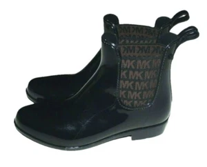 MICHAEL KORS ANKLE RAIN BOOTS BOOTIE BLACK MK LOGO Glossy Size 8 New - Picture 1 of 8