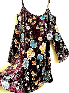 Bebop Retro Velvet Floral Cold Shoulder Purple Strap Dress L Junior Long Sleeves - Picture 1 of 11