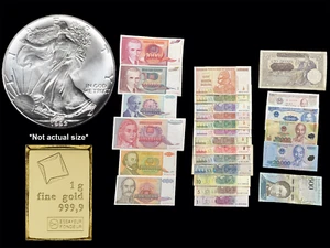 1 Gram Gold Bar Valcambi Suisse, Silver Eagle, & 25 Inflation Theme Banknote Set - Picture 1 of 24