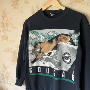 90s National Wildlife Foundation Cougar Black Crewneck Sweatshirt 17.5x26” - Picture 1 of 7