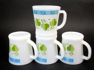 Set of 4 Fire-King Blue & Lime Green Shamrock Milk Glass Mugs c1970's - Picture 1 of 3