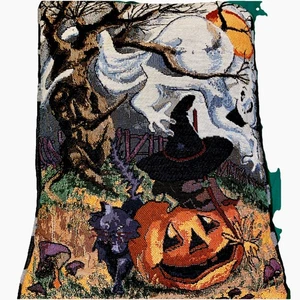 Vintage Halloween Tapestry Throw Pillow Pumpkin and Black Cat Fall Decor 17x12 - Picture 1 of 6