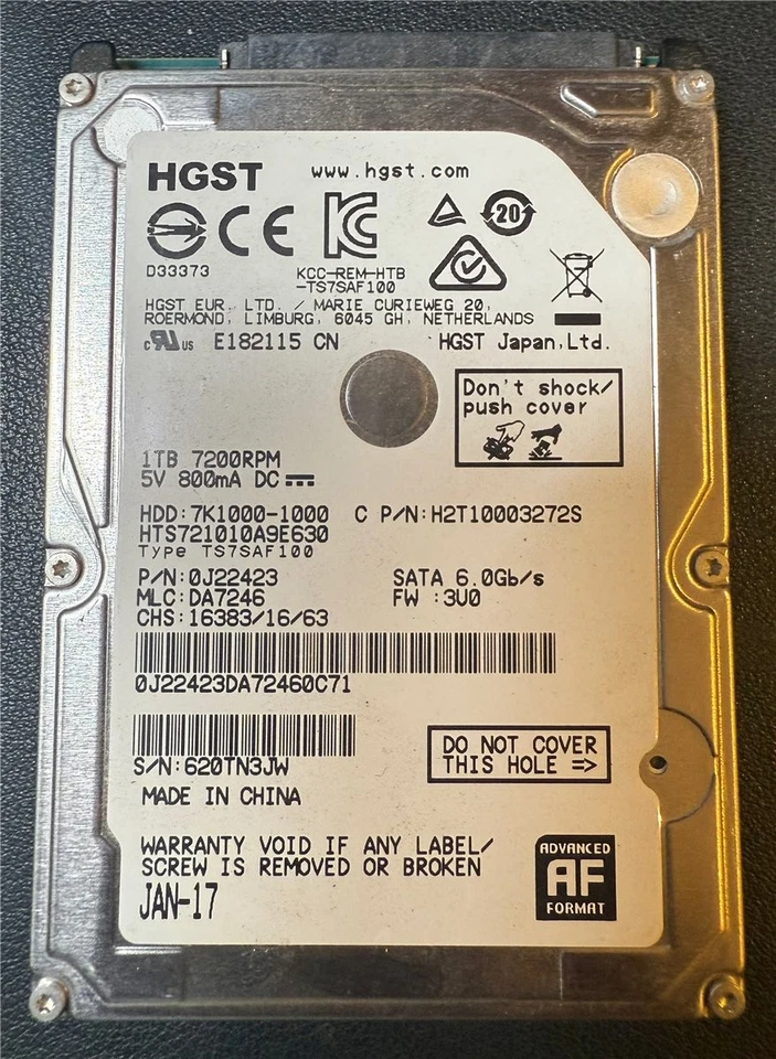 HGST, 1TB, 7K1000-1000, HTS721010A9E630, S/N: 620TN3JW, SATA HDD - Bild 1 von 1