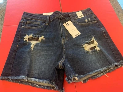 Judy Blue NWT L Camo Patch Dark Wash High Waist Distressed Denim Shorts - Image 1 of 4