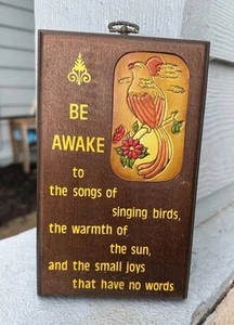 VTG 1978 Wood & Leather Tooled Plaque with quote "Be Awake" Wallace Berrie & Co - Picture 1 of 4