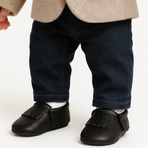 Neu mit Etikett Echtleder Baby Mokassins - klassisch schwarz Fransen - 18-24 Monate - Bild 1 von 9