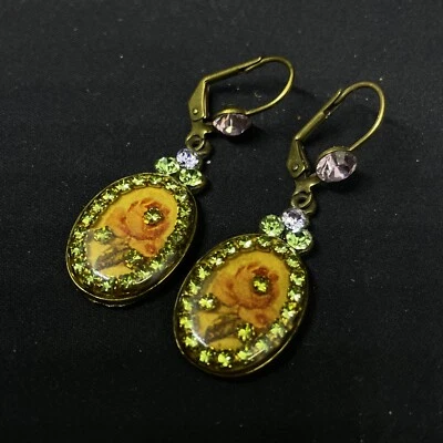 Michal Negrin Romantic hand made Crystals earrings Flowers Roses made in Israel - Image 1 of 4