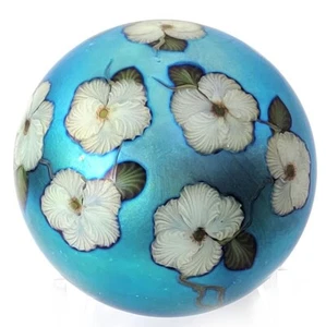 New Daniel Salazar 3" White Apple Blossoms on Iridescent Blue Glass Paperweight - Picture 1 of 11