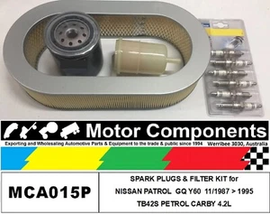 SPARK PLUG & FILTER Service KIT for PATROL GQ Y60 Petrol TB42S CARBY 11/1987-95 - Picture 1 of 2