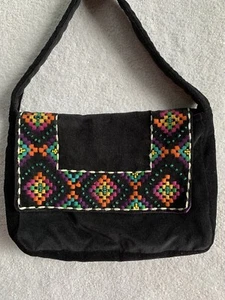 VTG Velvet Shoulder Bag Purse Black Boho Flap Top Embroidery Festival India - Picture 1 of 10