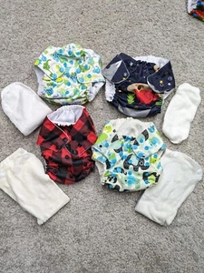 Handmade Cloth Diapers Snap 4 Pack 10 Insert Cotton Bamboo Boy Print One Size - Picture 1 of 12