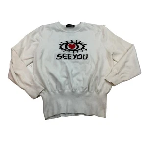 Cider Women’s Crewneck White Knit Sweater Size Large 👁️ Eye See You Graphic - Picture 1 of 7