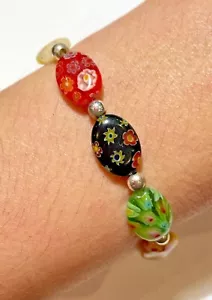 Vintage Graziosa Millefiori Vetro Artistico Piatto Perlina Argento Tono Bracelet - Foto 1 di 3