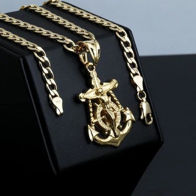 Colgante con dije de ancla Jesús chapado en oro de 14k latón 5 mm 20" cadena gargantilla cubana 02 Foto 1 de 4