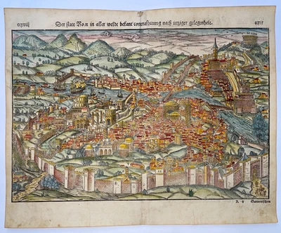 ROMA ITALY 1564 SEBASTIAN MUNSTER LARGE UNUSUAL ANTIQUE VIEW 16TH CENTURY - Image 1 of 4