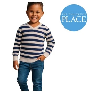 The Children’s Place Boy’s Blue Gray White Striped V-Neck Sweater Size Large - Picture 1 of 9